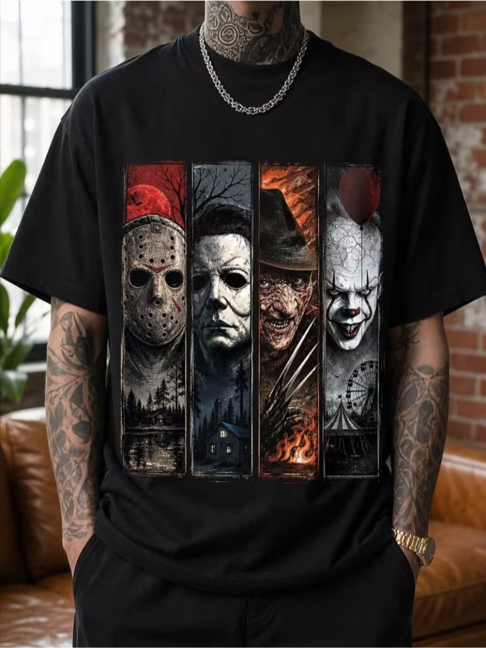 Halloween Movie Characters Unisex Vintage Spooky Horror Graphic T‑Shirt X-Large